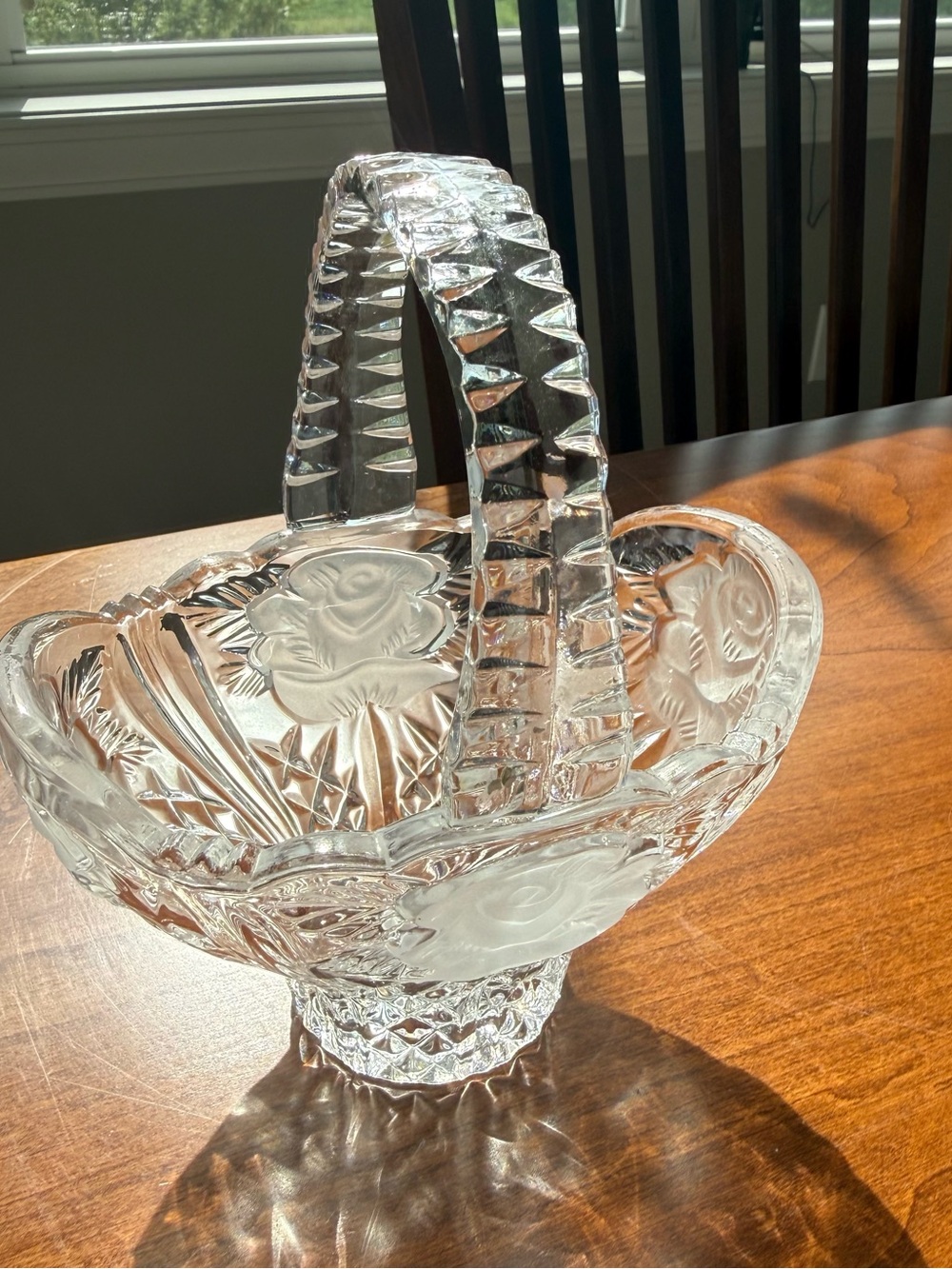 Vintage Hofbauer Byrdes 24% Lead Crystal Handled Basket Vase Germany
